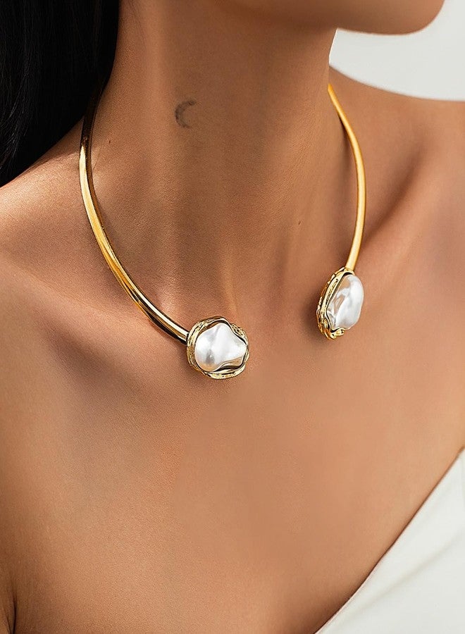 BSOKEIXD 3 Pcs Metal Big Pearl Open Choker Necklace Bracelet Rings for Women Adjustable Gold Baroque Pearl Choker Necklaces Round Necklace Suitable for Party ummer Beach Bead Body Chain Jewelry - Image 2